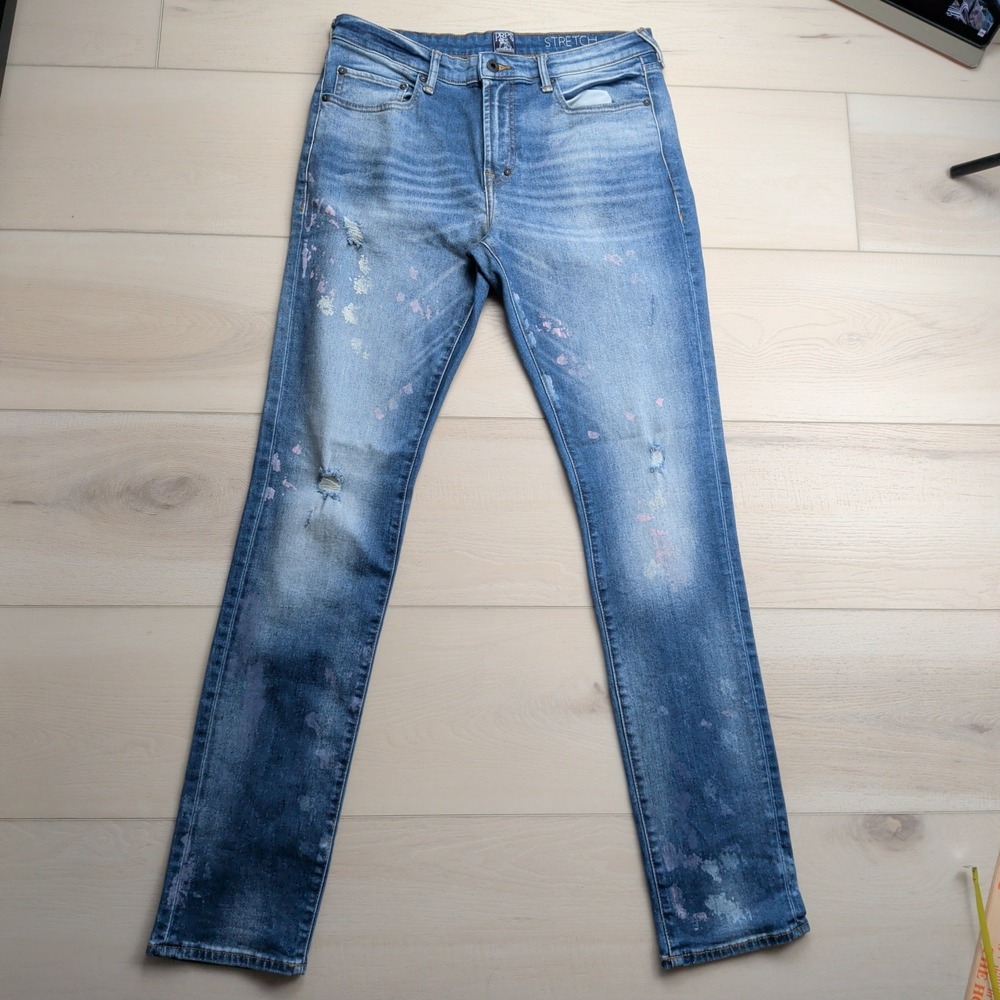 PRPS Jeans Mens 33x35 Distressed Paint Splatter‎ Stretch Slim Tapered Blue Denim